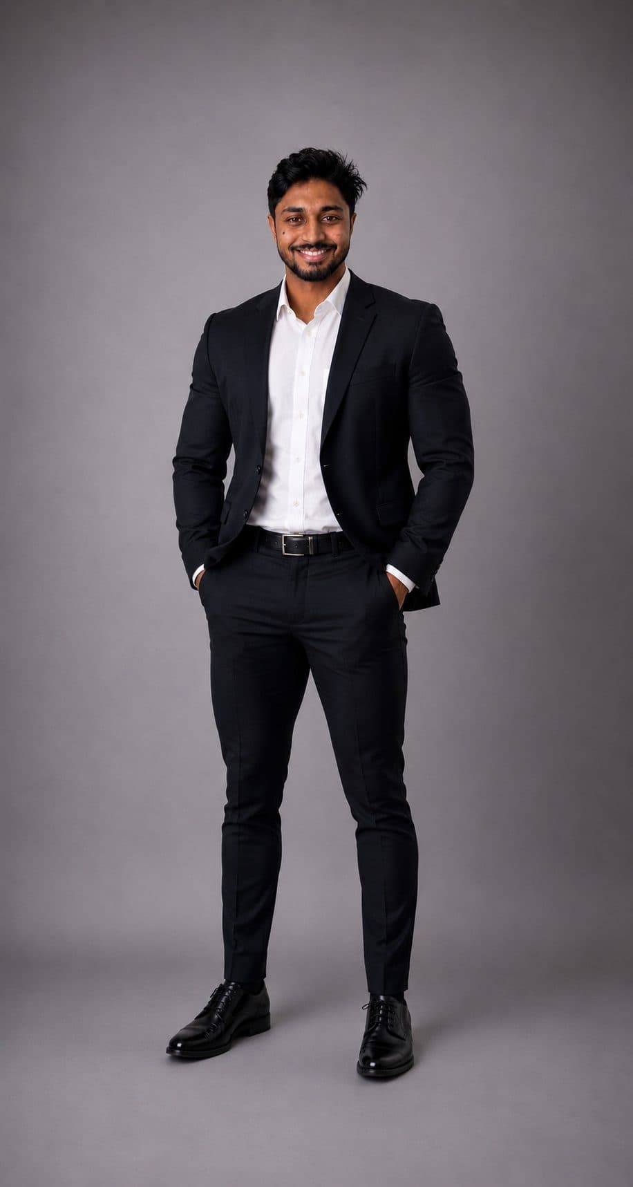 Suhayl Dastager in a black suit, full-length studio portrait